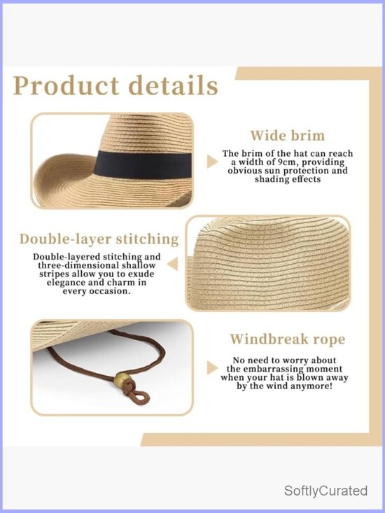 Foldable Wide Brim Straw Cowboy Hat with Drawstring Sun Protection main image 4